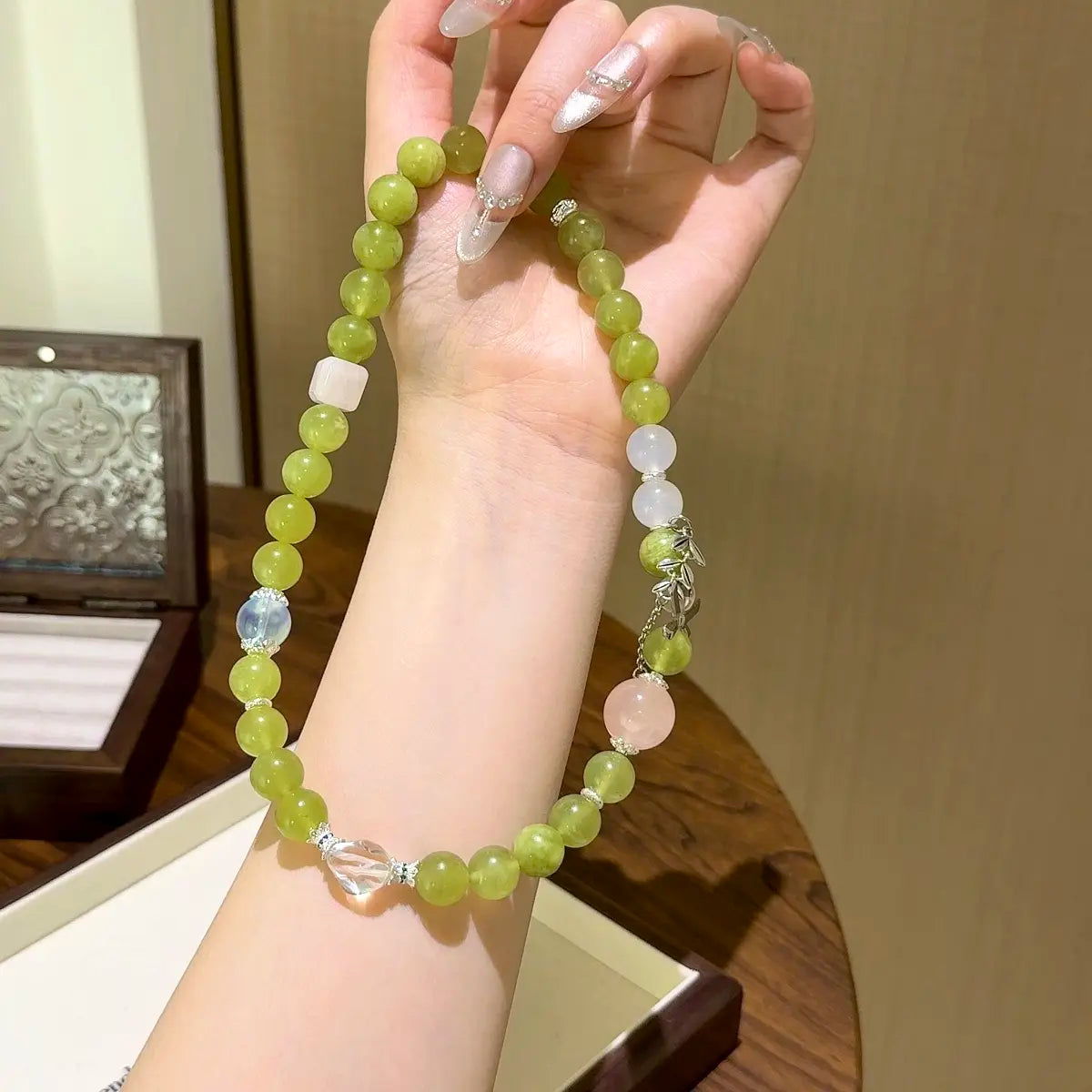 Handcrafted aquamarine; rose-quartz; clear-quartz; blue-moonstone; jade Detail for Love - Astara