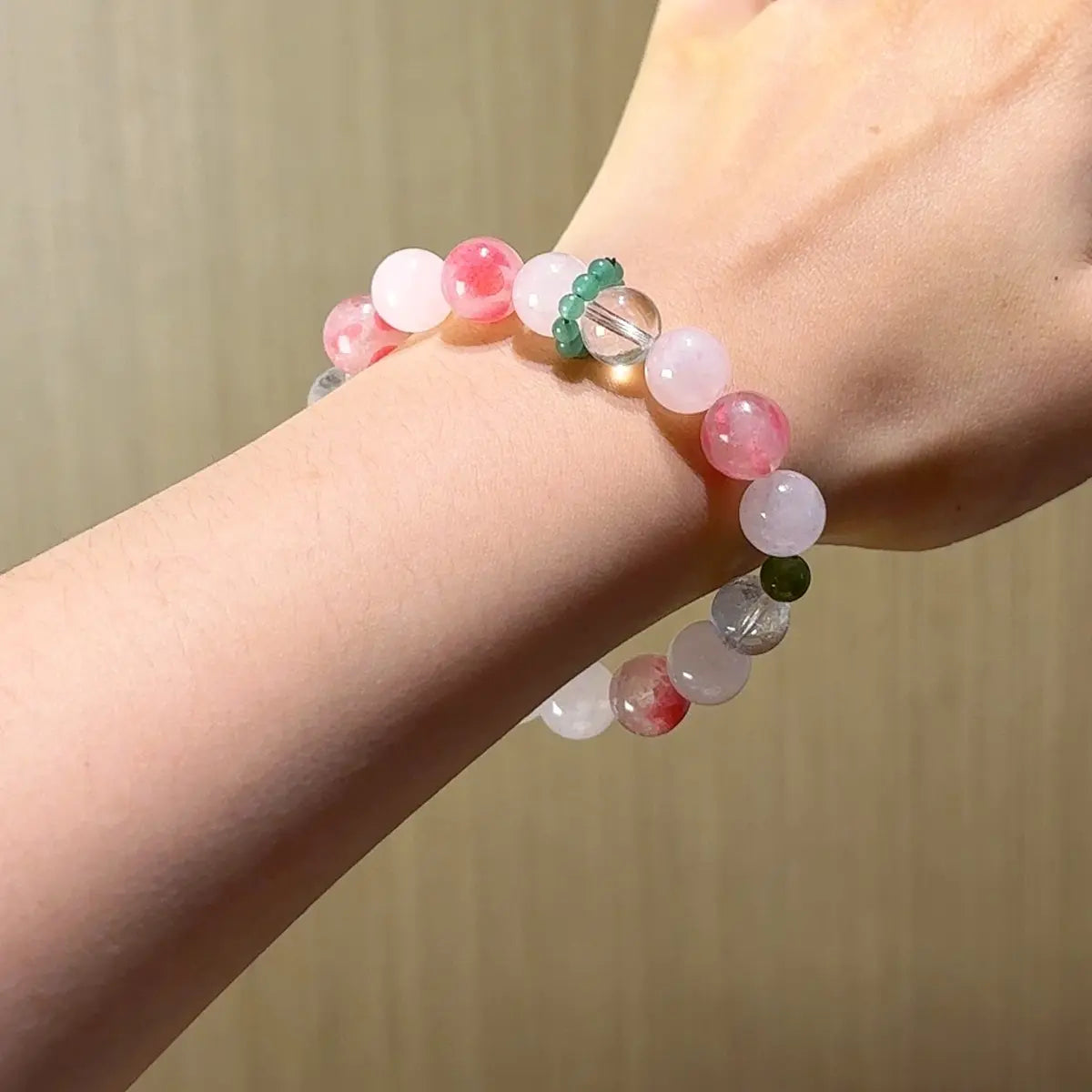 Handcrafted rose-quartz; clear-quartz; rhodonite; green-jasper Detail for Love - Astara