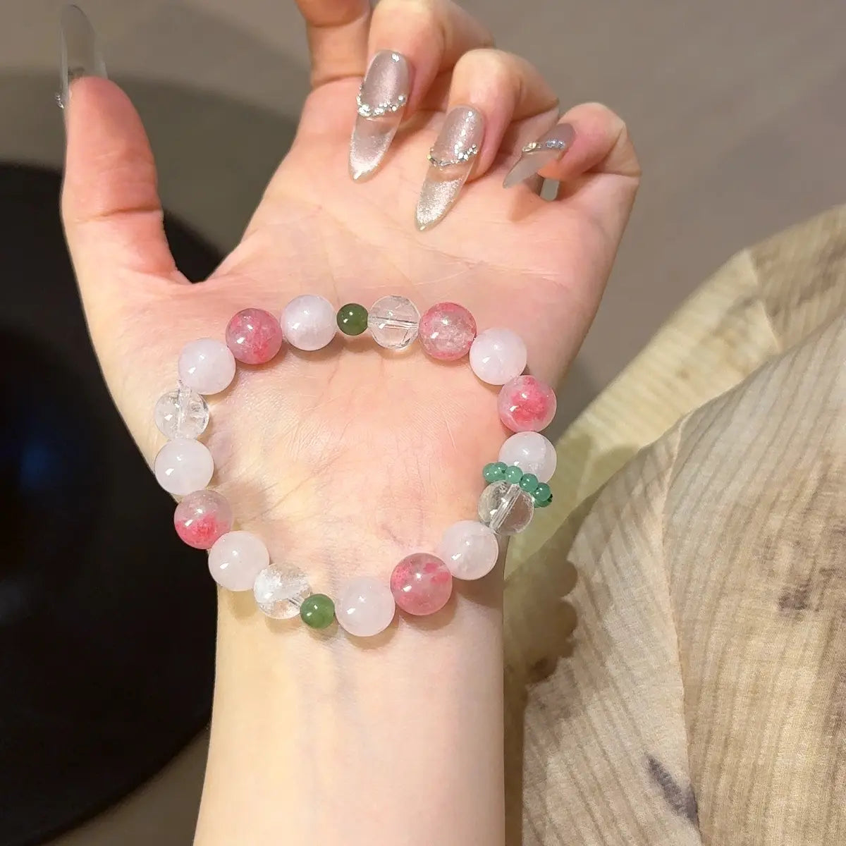 Handcrafted rose-quartz; clear-quartz; rhodonite; green-jasper Detail for Love - Astara