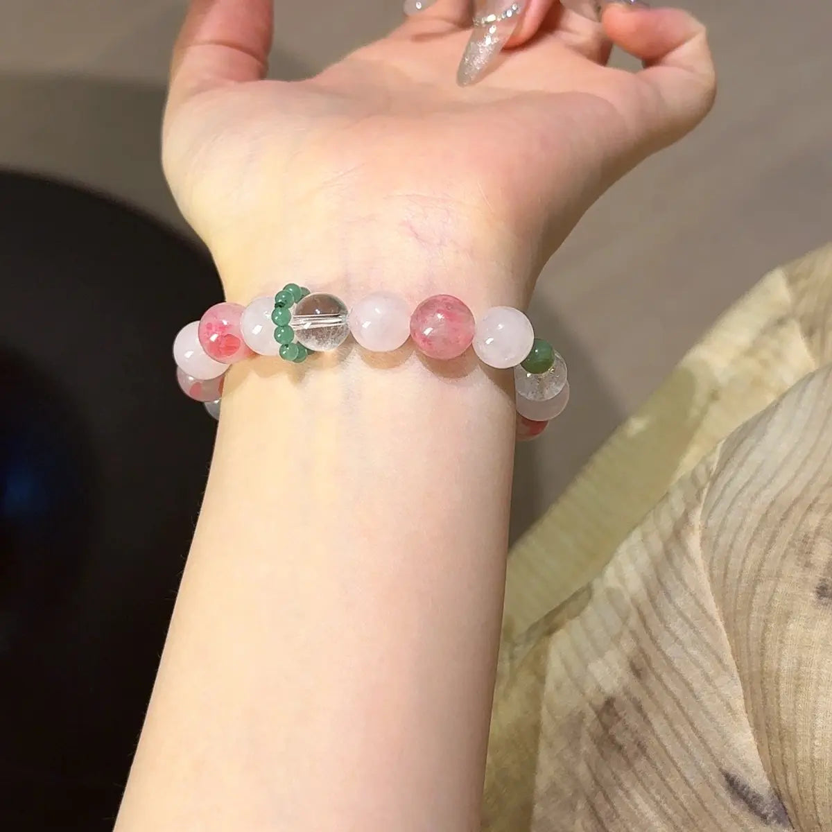 Handcrafted rose-quartz; clear-quartz; rhodonite; green-jasper Detail for Love - Astara
