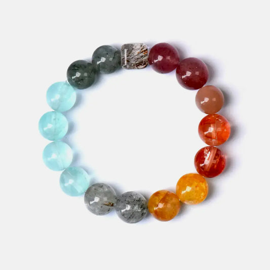 yellow-hematoid-quartz; red-hematoid-quartz; sunstone; strawberry-quartz; yellow-fluorite; green-rutilated-quartz; white-phantom-quartz Abundance Crystal Jewelry - Imperial Garden Prosperity Bracelet | Astara