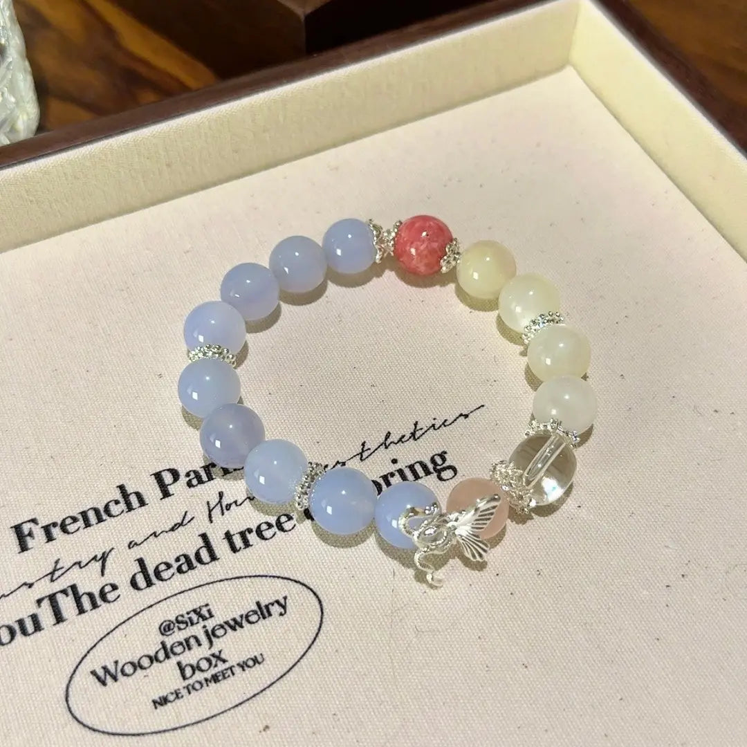 Handcrafted rhodochrosite; white-moonstone; blue-agate; clear-quartz; rose-quartz Detail for Love - Astara
