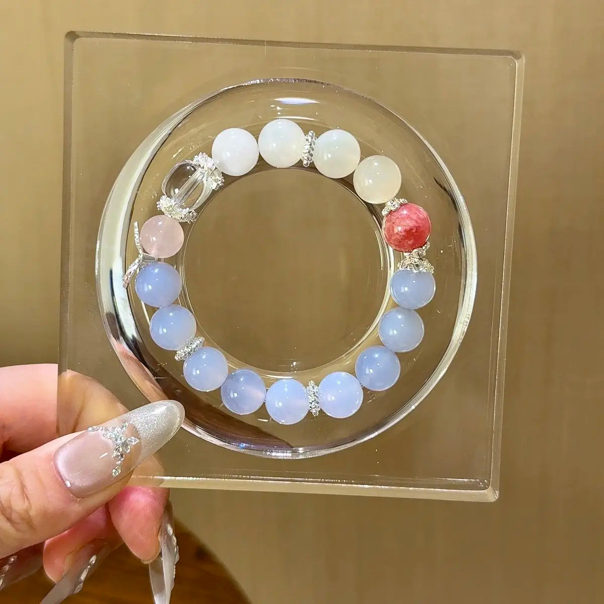 Handcrafted rhodochrosite; white-moonstone; blue-agate; clear-quartz; rose-quartz Detail for Love - Astara