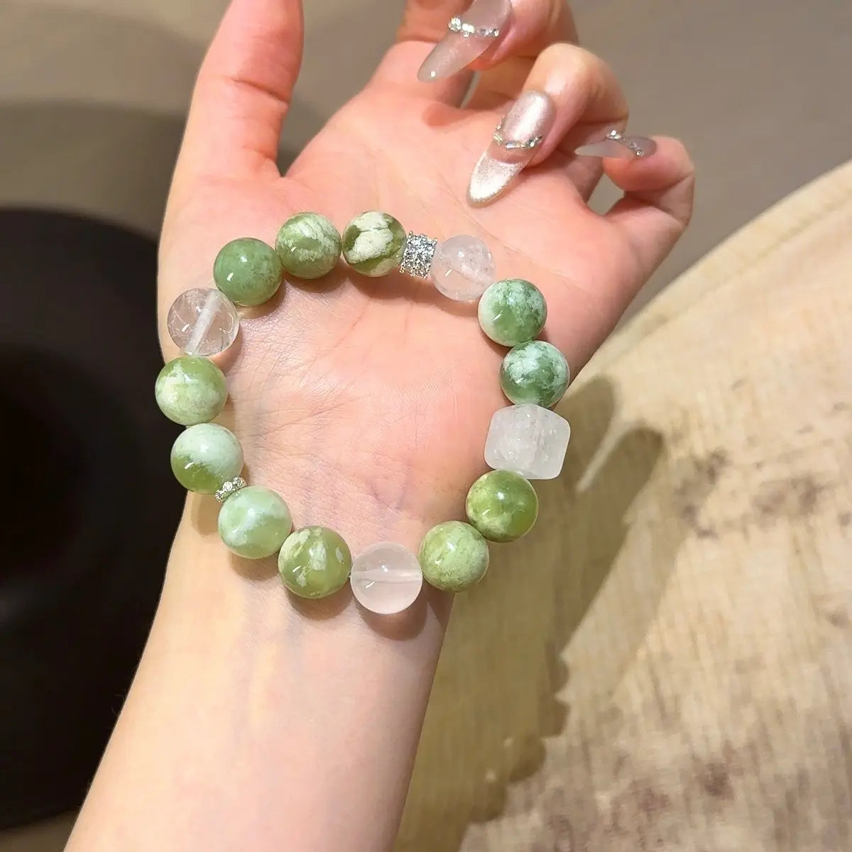 Handcrafted white-phantom-quartz; jade; clear-quartz Detail for Abundance - Astara