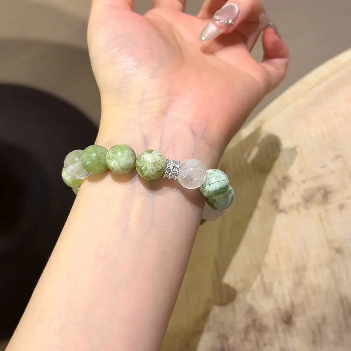 Handcrafted white-phantom-quartz; jade; clear-quartz Detail for Abundance - Astara
