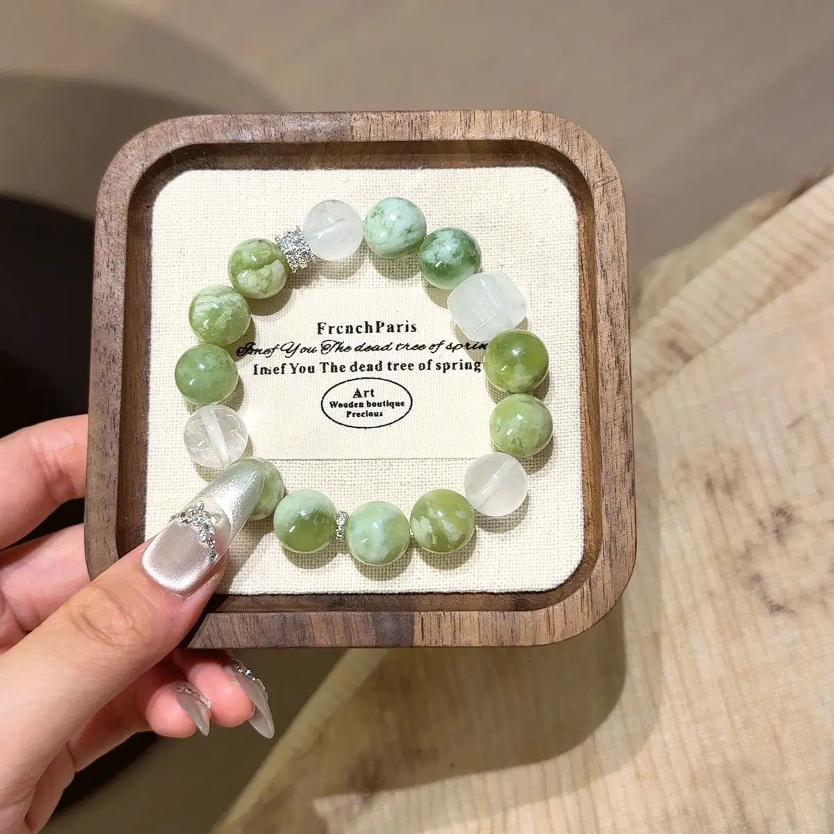 Handcrafted white-phantom-quartz; jade; clear-quartz Detail for Abundance - Astara