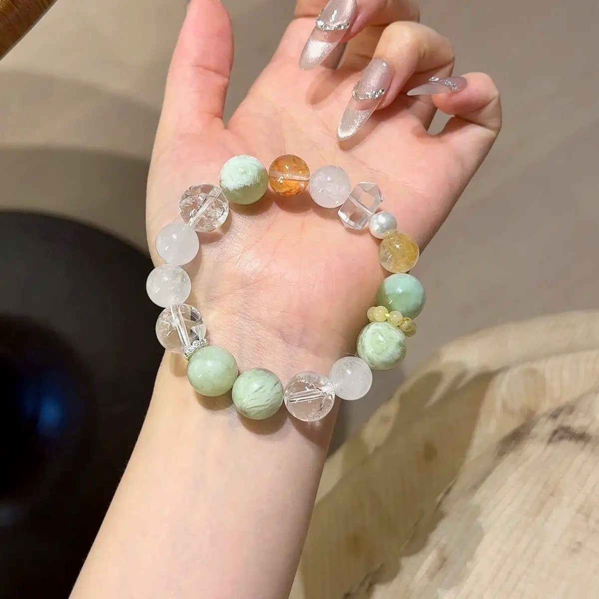 Handcrafted white-azeztulite; yellow-hematoid-quartz; red-hematoid-quartz; clear-quartz; jade; golden-rutilated-quartz Detail for Abundance - Astara
