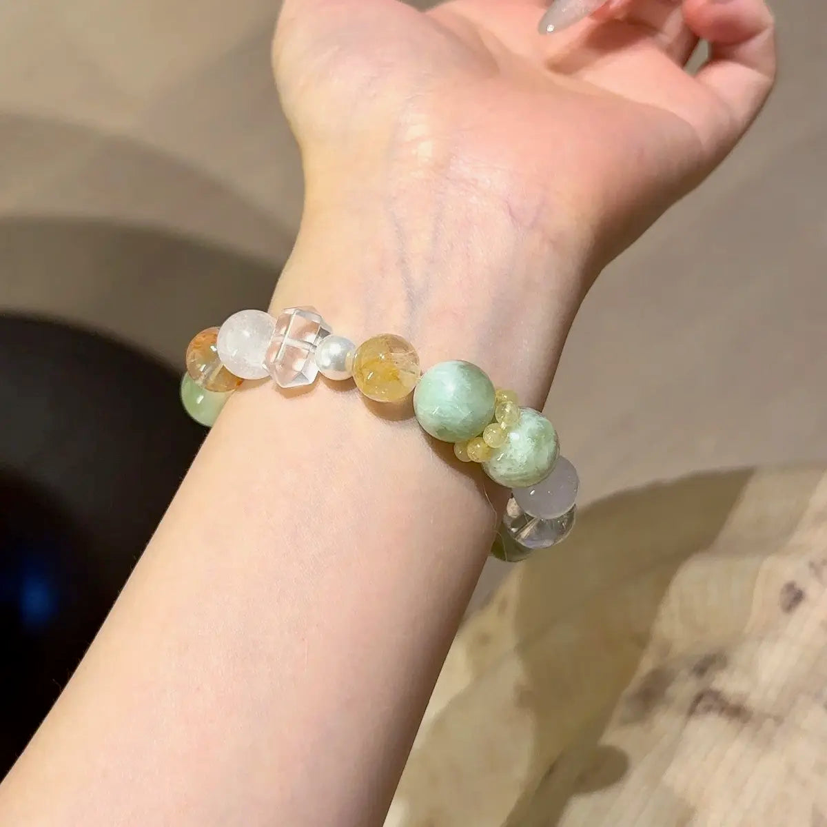 Handcrafted white-azeztulite; yellow-hematoid-quartz; red-hematoid-quartz; clear-quartz; jade; golden-rutilated-quartz Detail for Abundance - Astara