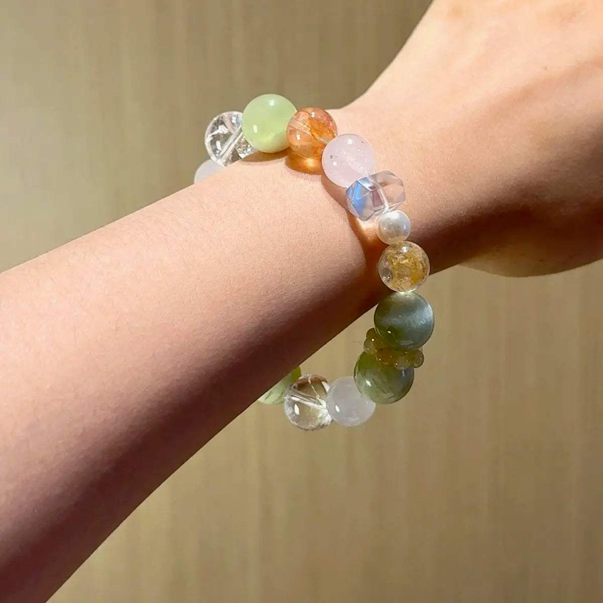 Handcrafted white-azeztulite; yellow-hematoid-quartz; red-hematoid-quartz; clear-quartz; jade; golden-rutilated-quartz Detail for Abundance - Astara