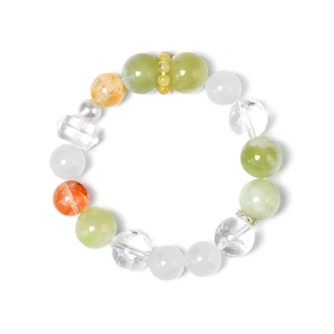 white-azeztulite; yellow-hematoid-quartz; red-hematoid-quartz; clear-quartz; jade; golden-rutilated-quartz Abundance Crystal Jewelry - Morning Grove Harmony Bracelet | Astara