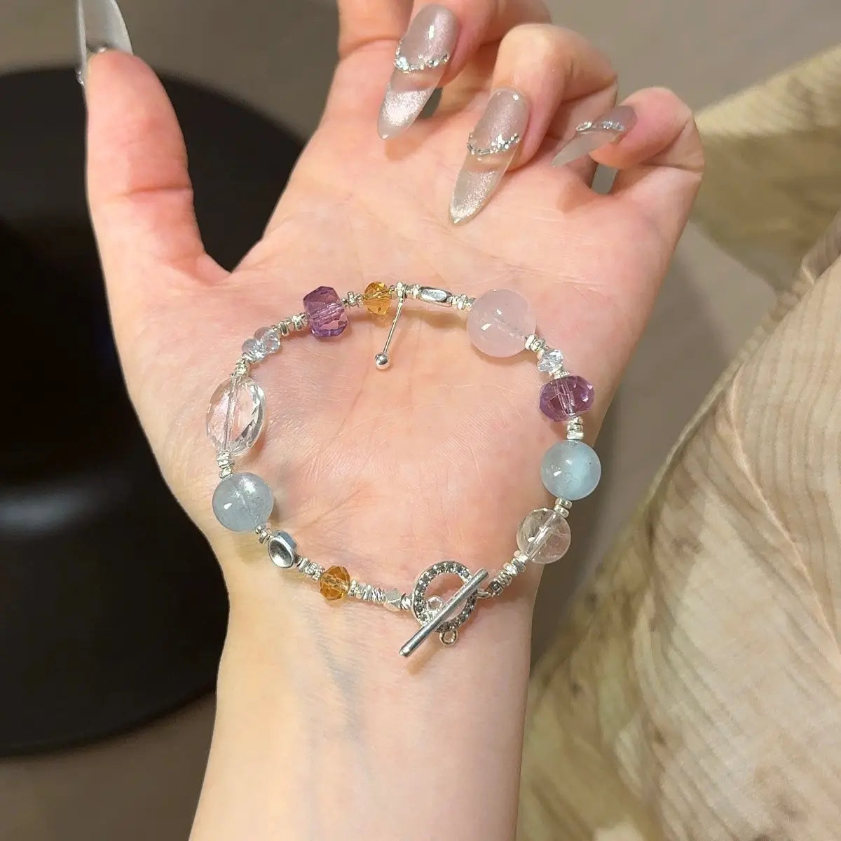 Multi gemstone bracelet with clear quartz aquamarine amethyst rose quartz and citrine for clarity love and balance