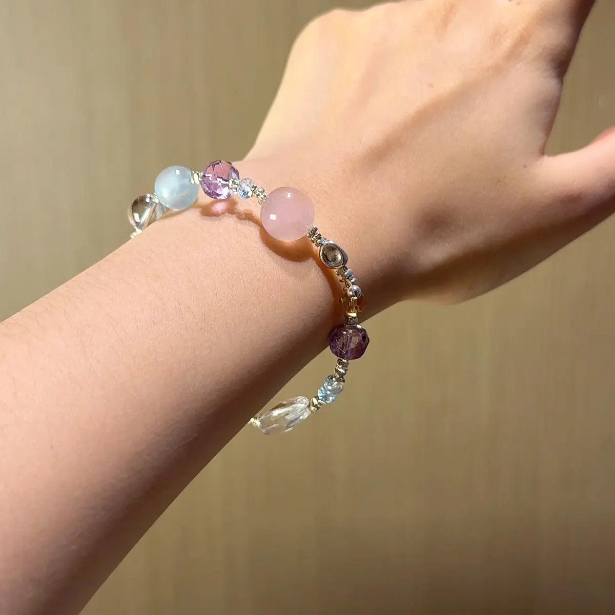 Multi gemstone bracelet with clear quartz aquamarine amethyst rose quartz and citrine for clarity love and balance