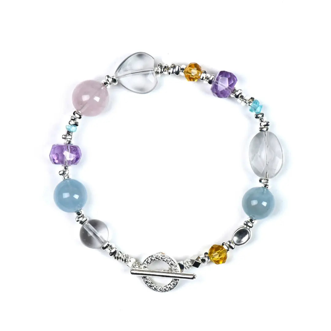 Multi gemstone bracelet with clear quartz aquamarine amethyst rose quartz and citrine for clarity love and balance