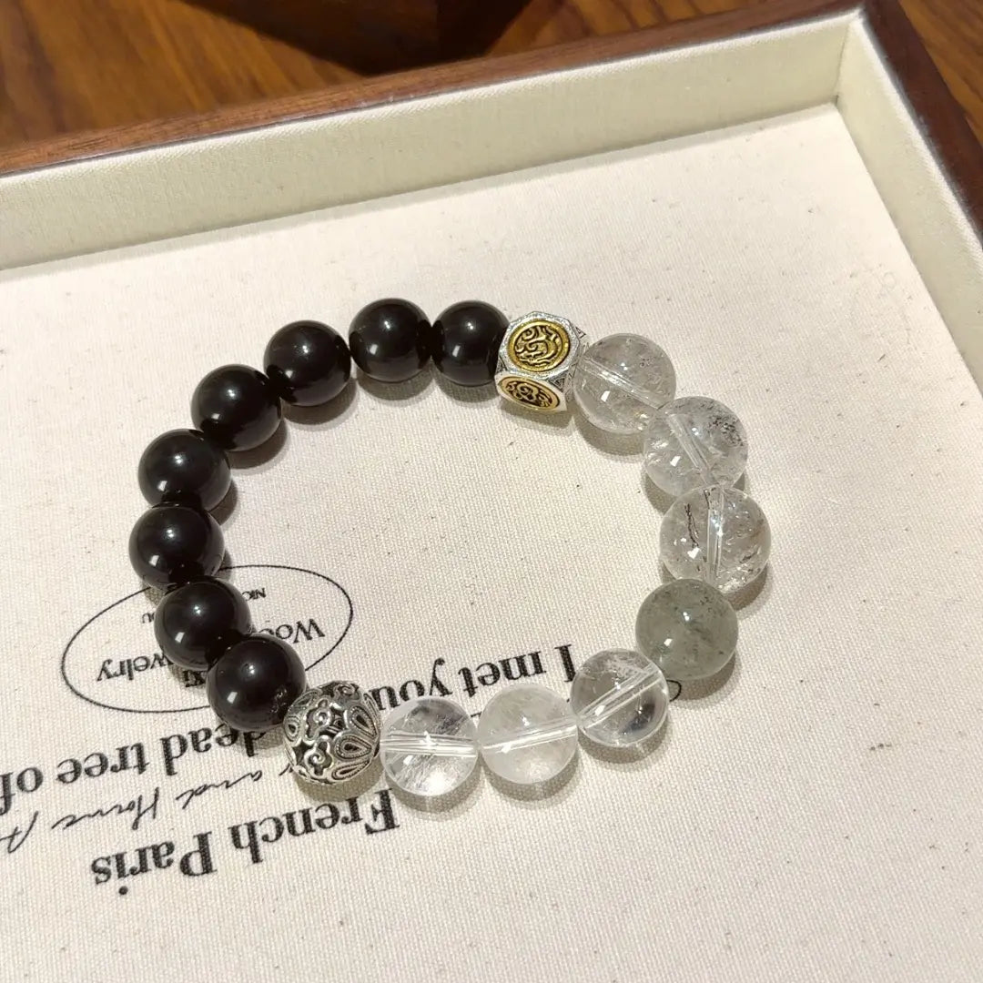 Black obsidian and clear quartz bracelet with herkimer diamond for protection energy cleansing and grounding