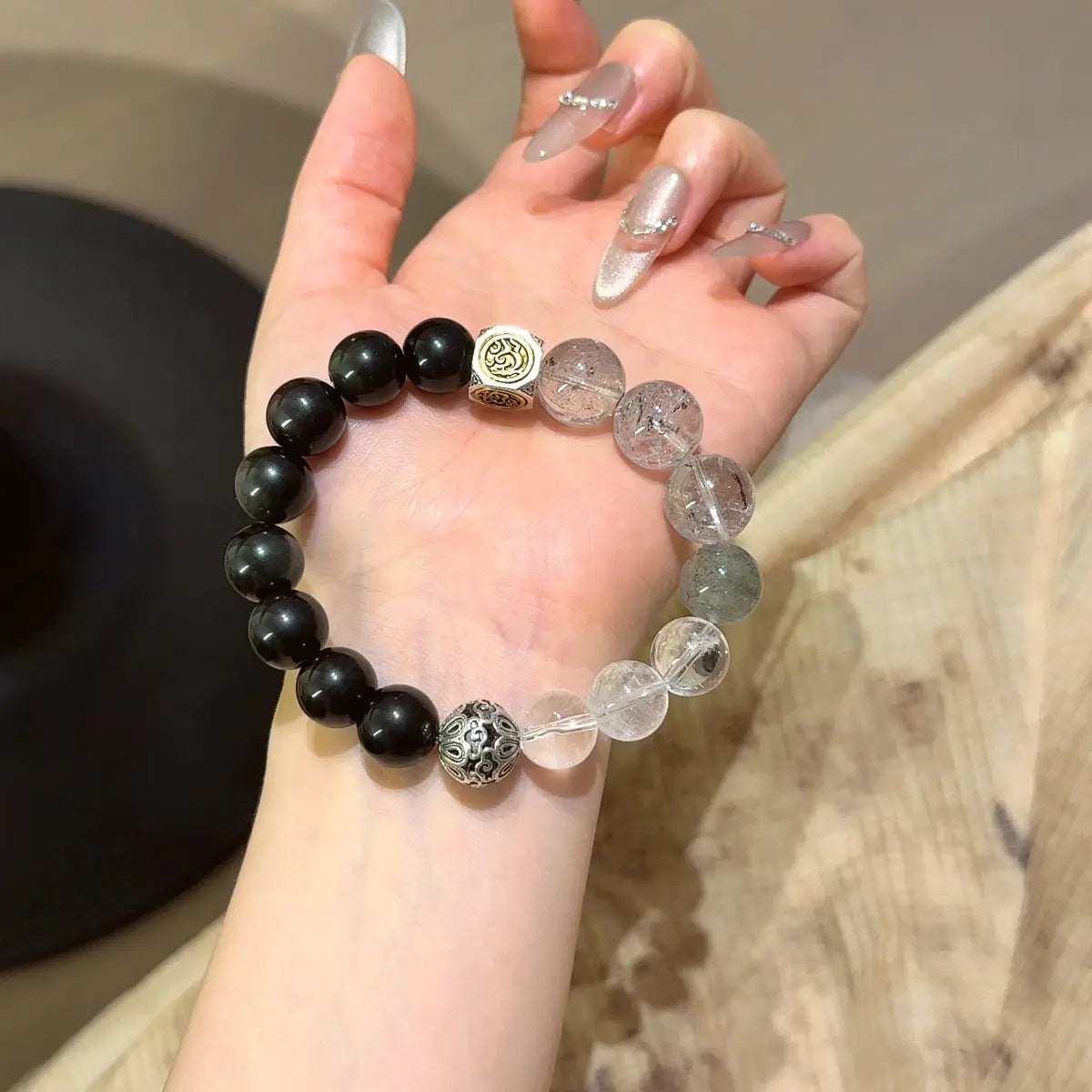 Black obsidian and clear quartz bracelet with herkimer diamond for protection energy cleansing and grounding