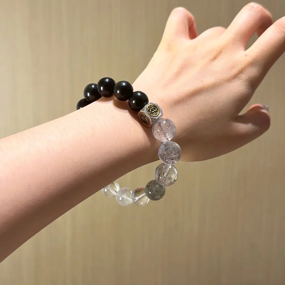 Black obsidian and clear quartz bracelet with herkimer diamond for protection energy cleansing and grounding