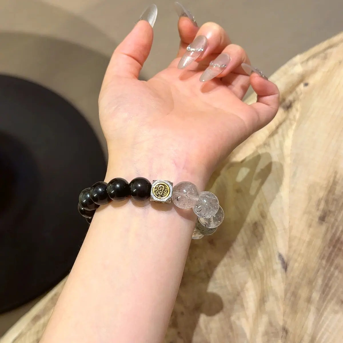 Black obsidian and clear quartz bracelet with herkimer diamond for protection energy cleansing and grounding