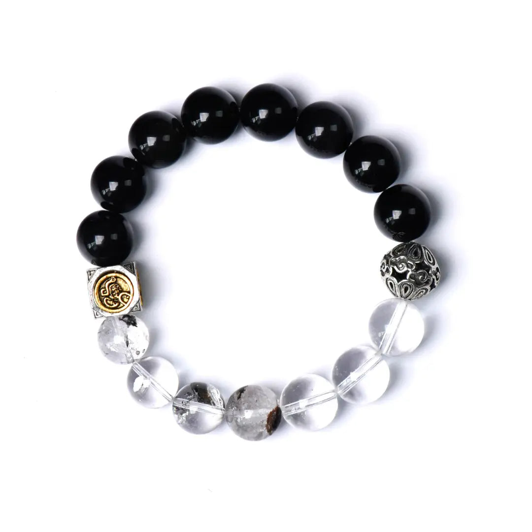 Black obsidian and clear quartz bracelet with herkimer diamond for protection energy cleansing and grounding