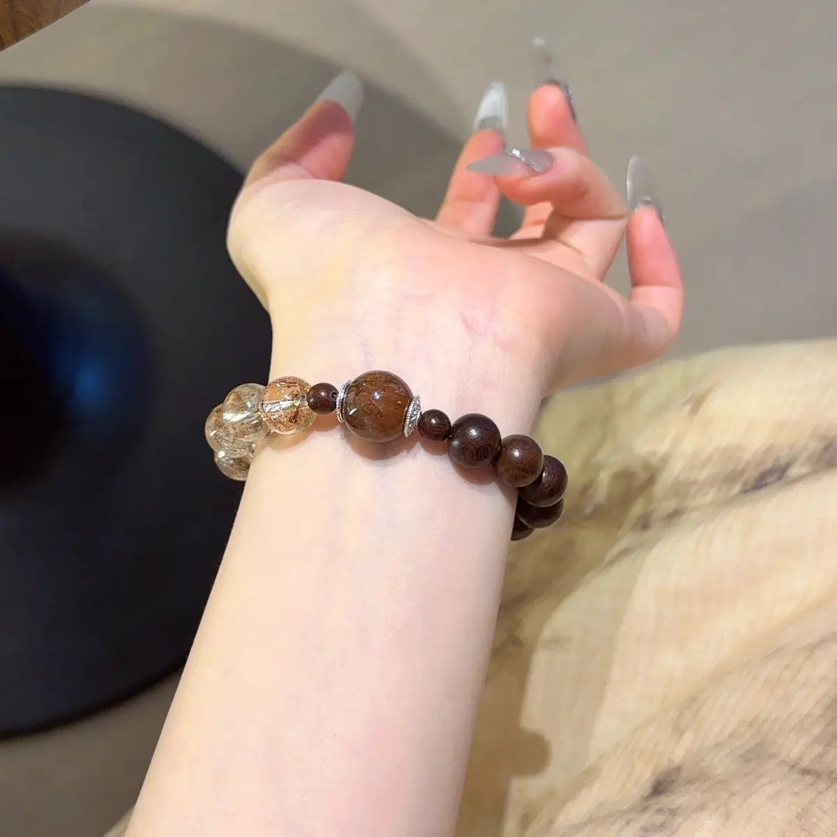 Gold foil koi bracelet,Gold Hematoid Quartz with black gold super seven and sandalwood for wealth protection and career growth