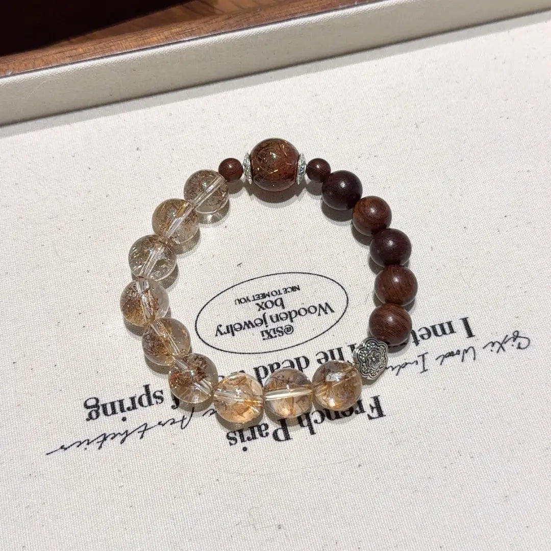 Gold foil koi bracelet,Gold Hematoid Quartz with black gold super seven and sandalwood for wealth protection and career growth