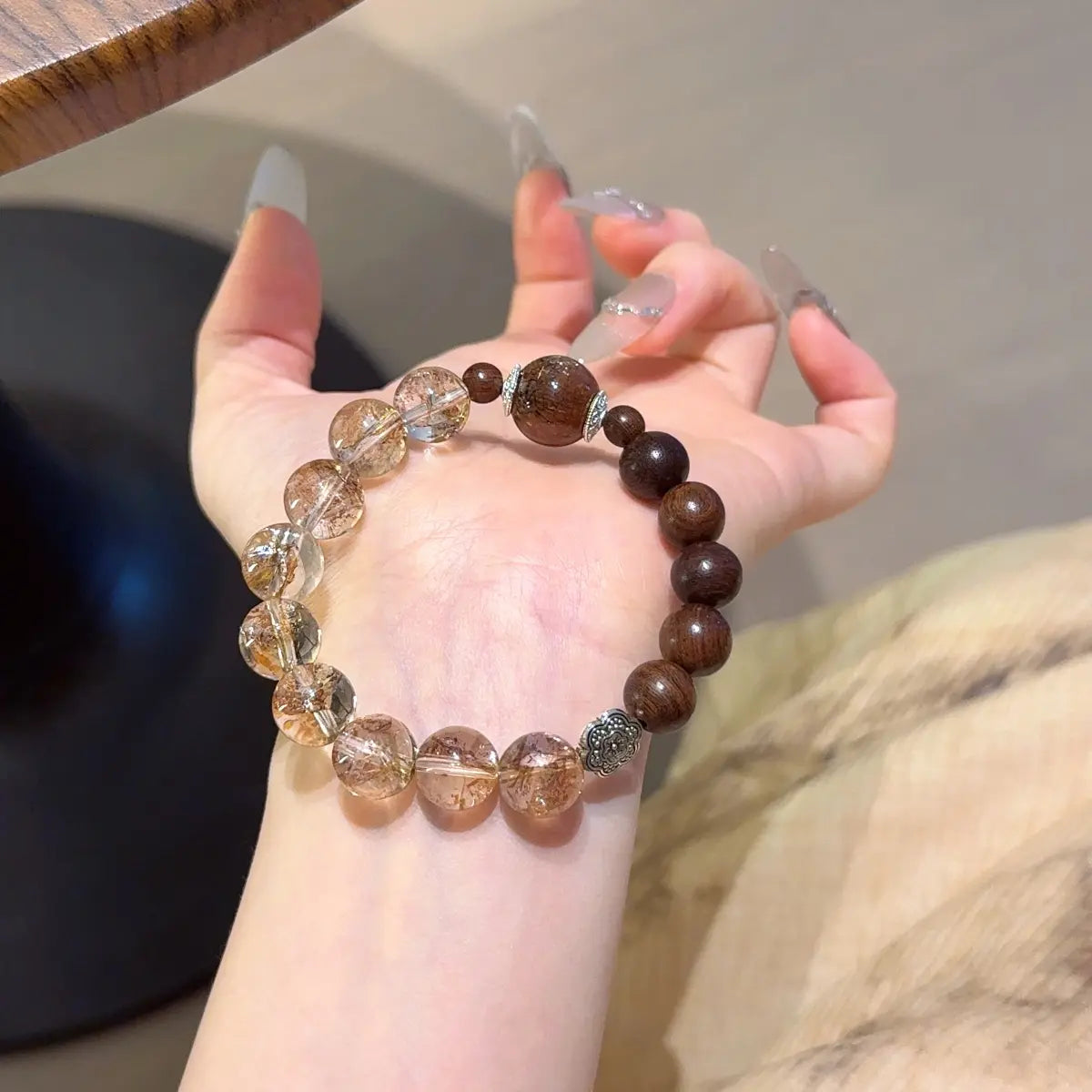 Gold foil koi bracelet,Gold Hematoid Quartz with black gold super seven and sandalwood for wealth protection and career growth