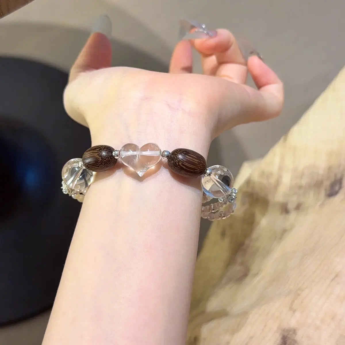 Clear quartz sandalwood and pearl bracelet for emotional healing balance and calm energy