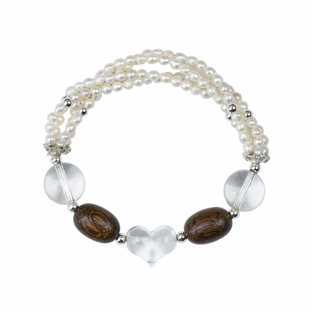 Clear quartz sandalwood and pearl bracelet for emotional healing balance and calm energy