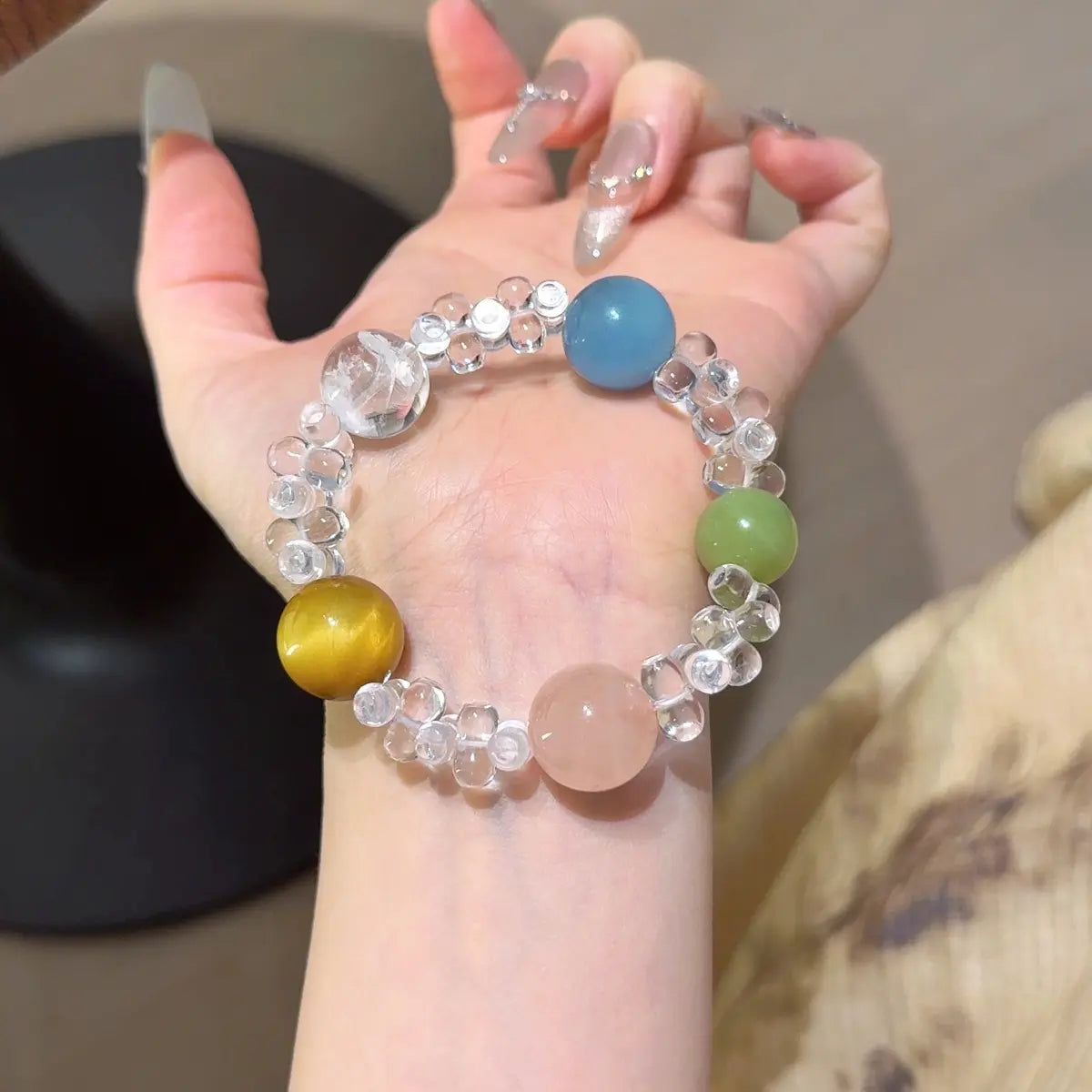 Five element gemstone bracelet with aquamarine tiger eye rose quartz and phantom quartz for balance and luck