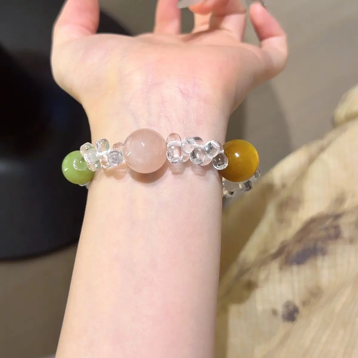 Five element gemstone bracelet with aquamarine tiger eye rose quartz and phantom quartz for balance and luck