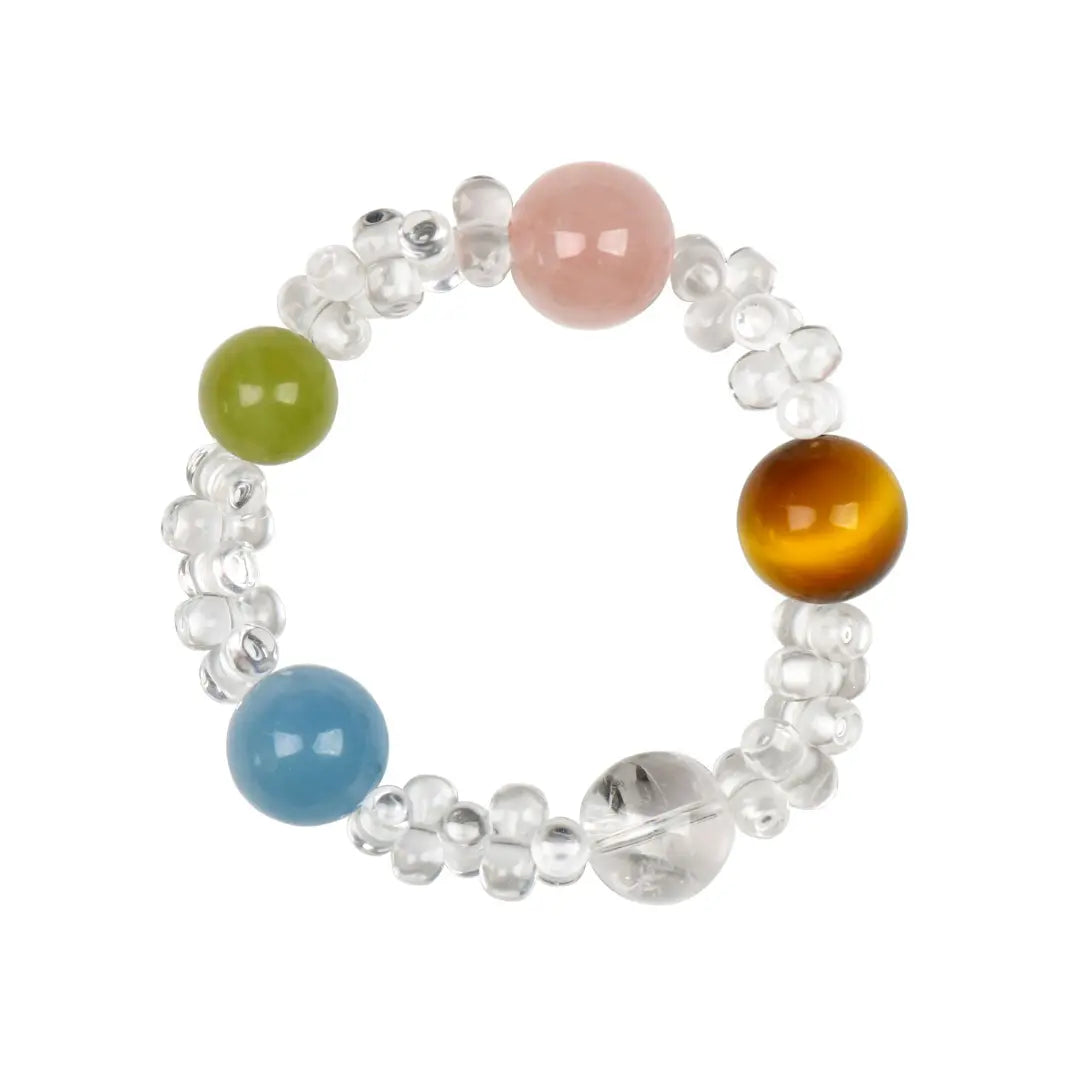 Five element gemstone bracelet with aquamarine tiger eye rose quartz and phantom quartz for balance and luck