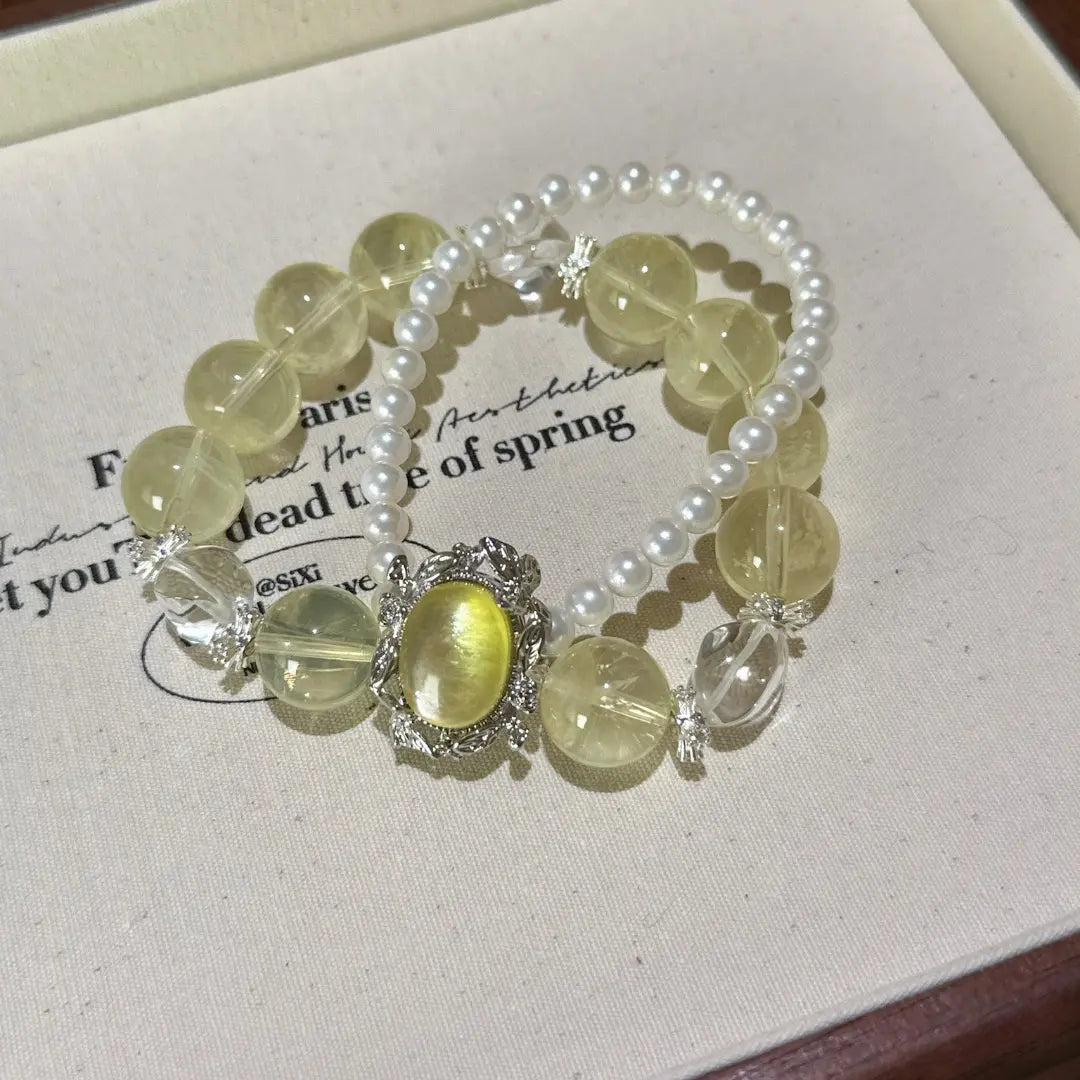 Citrine and yellow lepidolite bracelet with pearl for wealth confidence and focus