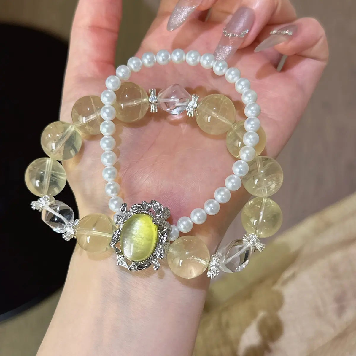 Citrine and yellow lepidolite bracelet with pearl for wealth confidence and focus