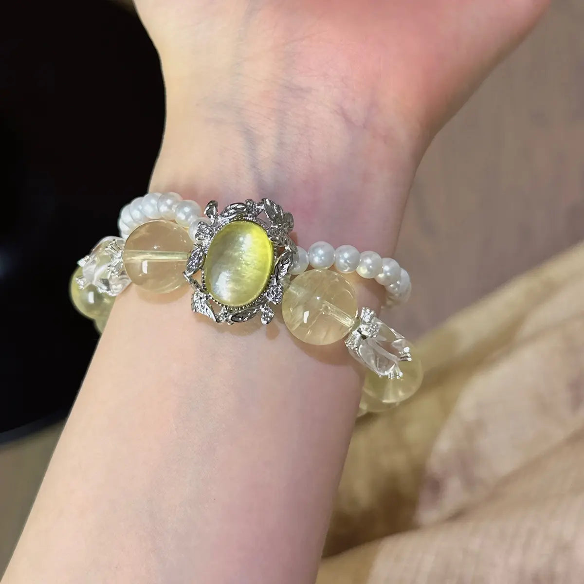 Citrine and yellow lepidolite bracelet with pearl for wealth confidence and focus
