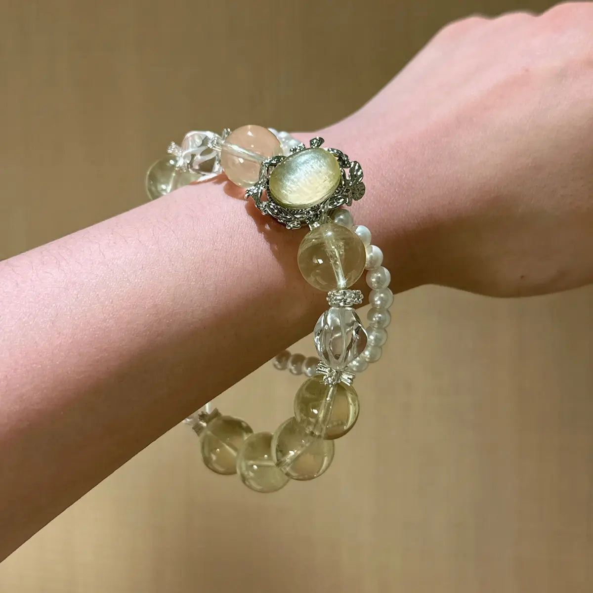 Citrine and yellow lepidolite bracelet with pearl for wealth confidence and focus