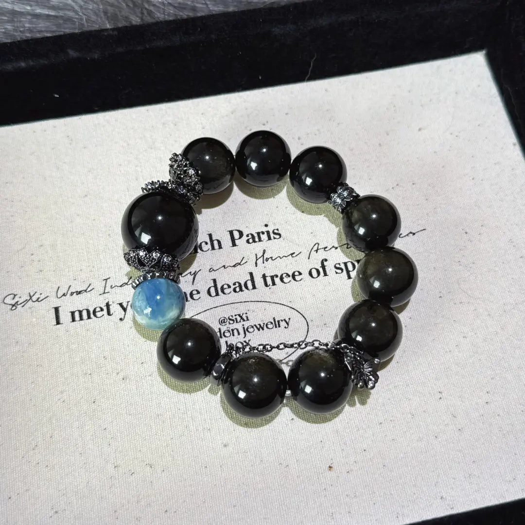 Gold sheen obsidian black obsidian and kyanite bracelet for protection confidence and communication