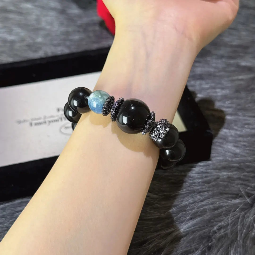 Gold sheen obsidian black obsidian and kyanite bracelet for protection confidence and communication