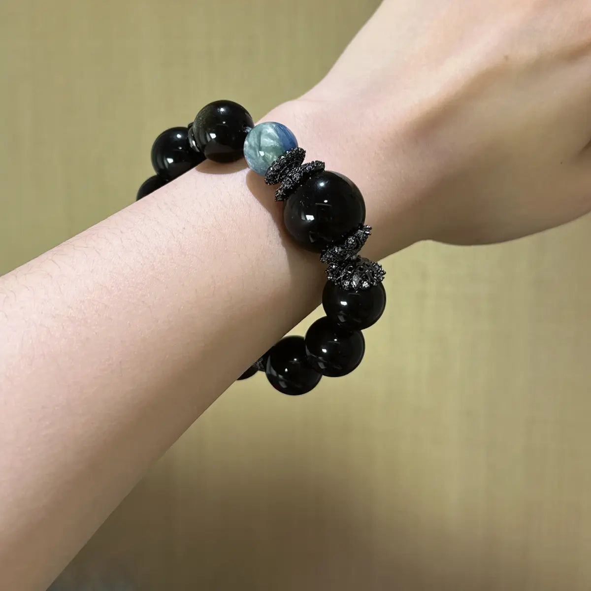 Gold sheen obsidian black obsidian and kyanite bracelet for protection confidence and communication