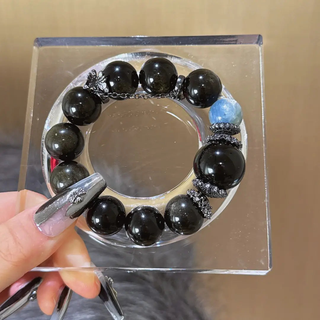 Gold sheen obsidian black obsidian and kyanite bracelet for protection confidence and communication
