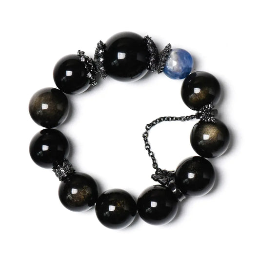 Gold sheen obsidian black obsidian and kyanite bracelet for protection confidence and communication