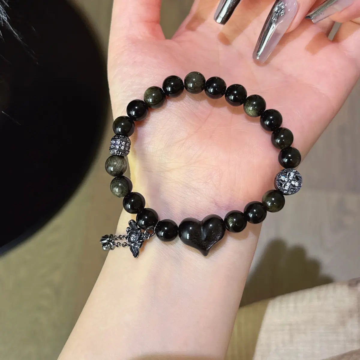 Gold and silver sheen obsidian bracelet for protection confidence and emotional balance
