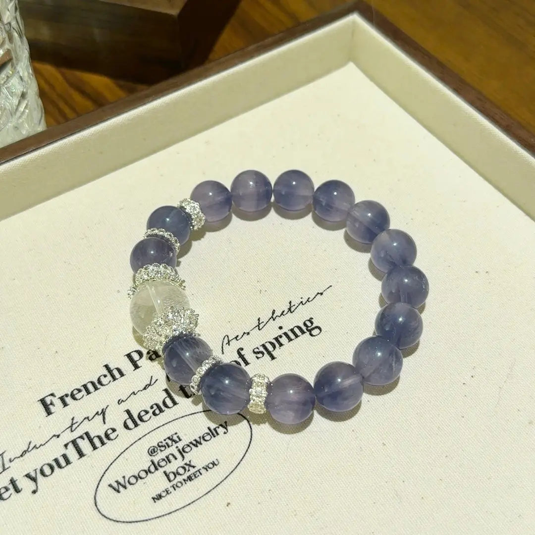 Blue Fluorite and white phantom quartz bracelet for focus clarity and wealth energy