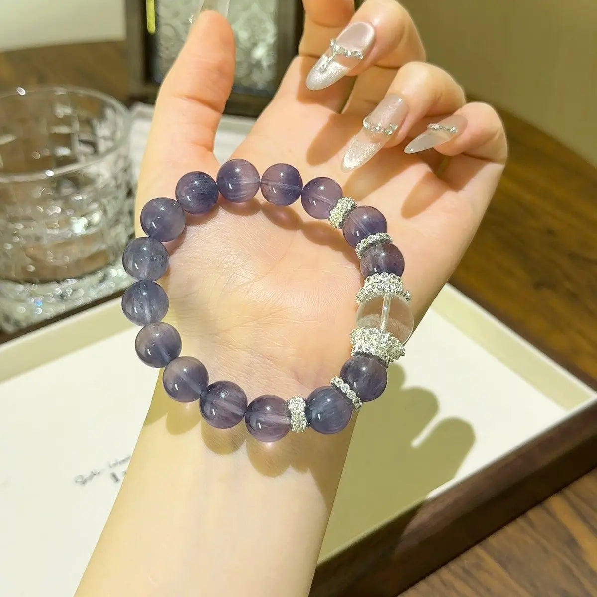 Blue Fluorite and white phantom quartz bracelet for focus clarity and wealth energy