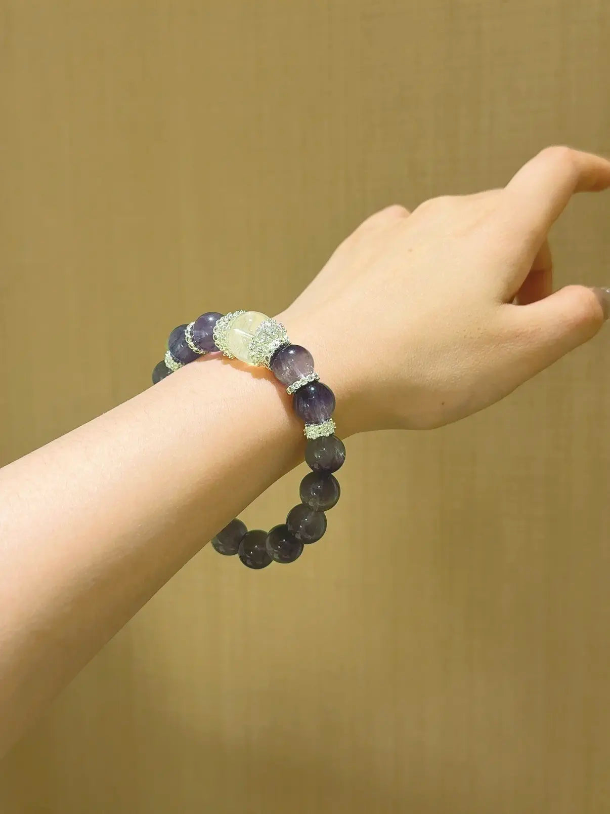 Blue Fluorite and white phantom quartz bracelet for focus clarity and wealth energy