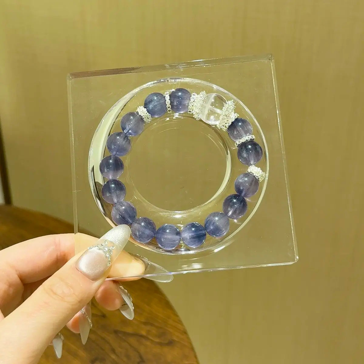 Blue Fluorite and white phantom quartz bracelet for focus clarity and wealth energy