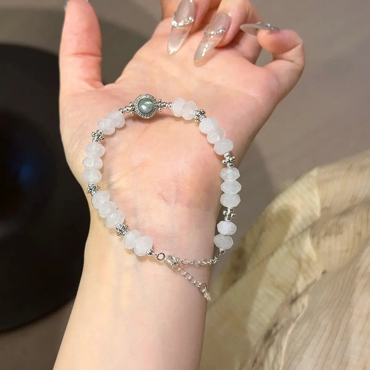 Faceted white phantom quartz and gray moonstone bracelet for clarity focus and emotional balance