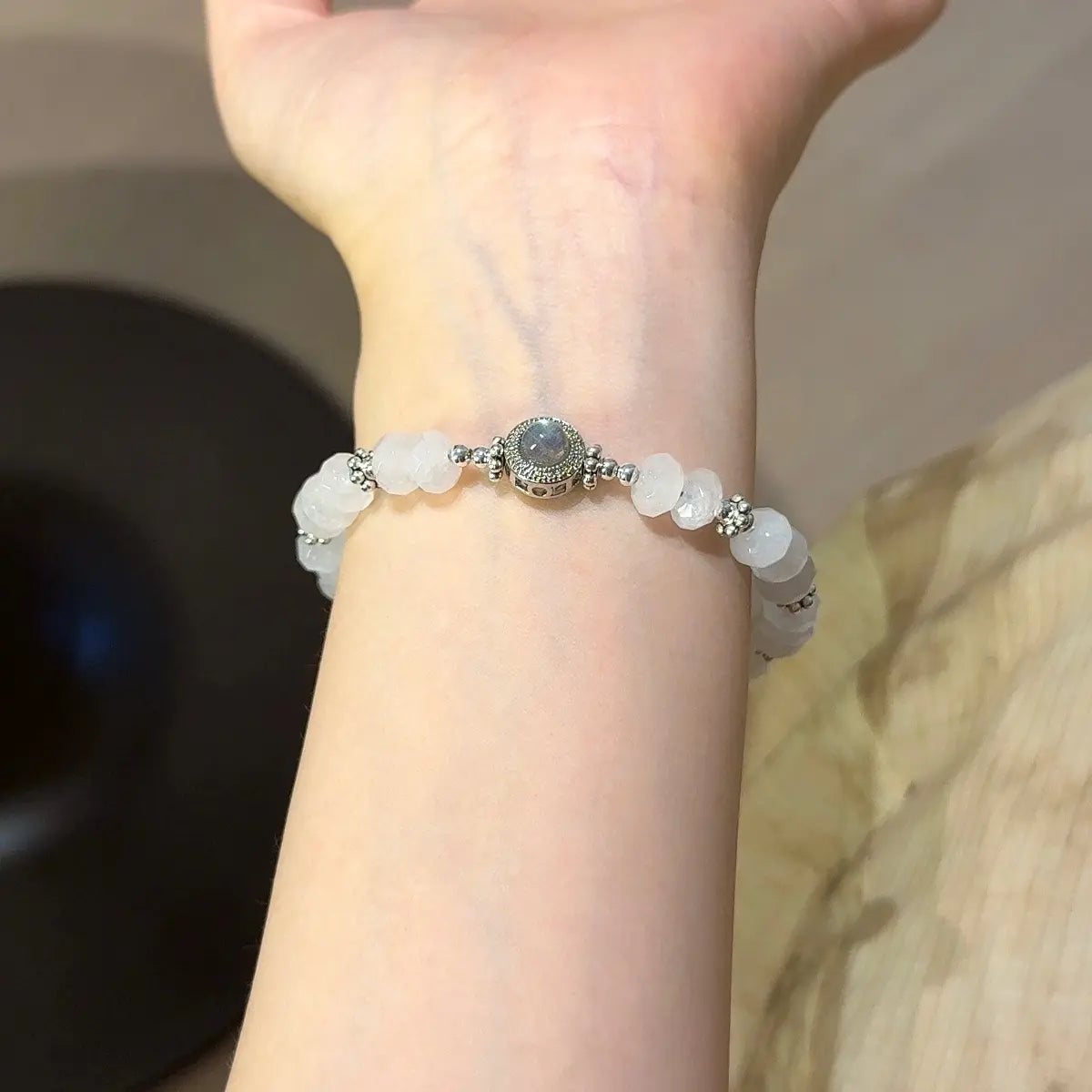 Faceted white phantom quartz and gray moonstone bracelet for clarity focus and emotional balance