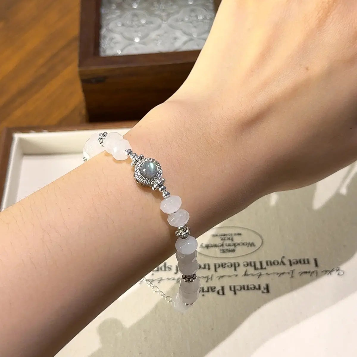 Faceted white phantom quartz and gray moonstone bracelet for clarity focus and emotional balance