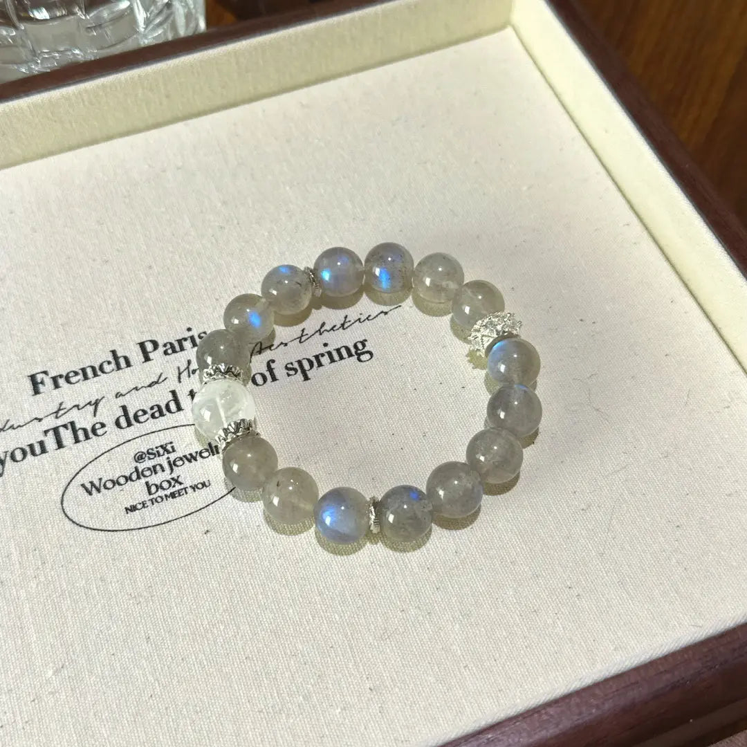 gray moonstone and white phantom quartz bracelet for intuition protection and emotional balance