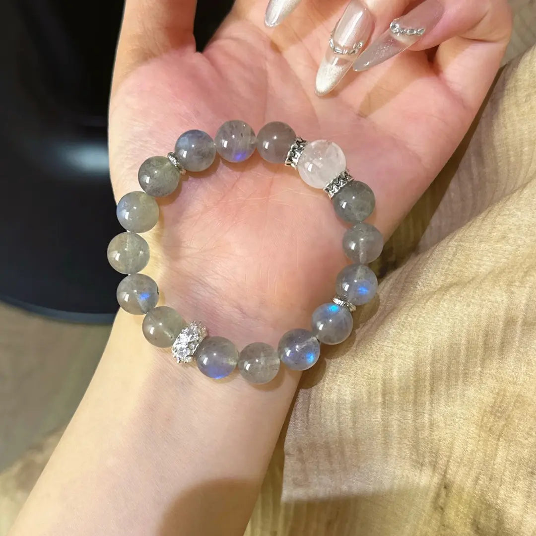 gray moonstone and white phantom quartz bracelet for intuition protection and emotional balance