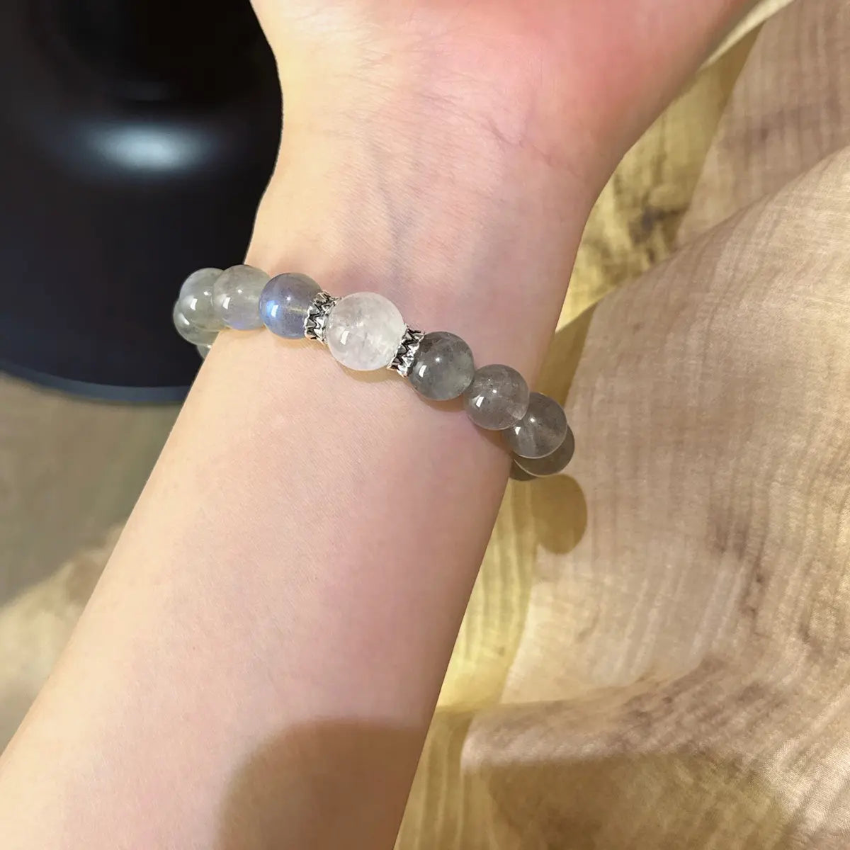 gray moonstone and white phantom quartz bracelet for intuition protection and emotional balance
